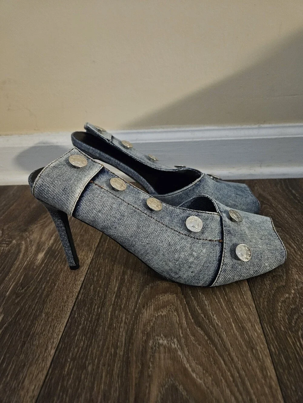 Fashion Nova Denim Button Peep-Toe Heels - Blue, Size 10